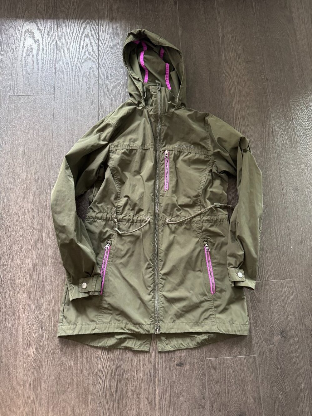 COLUMBIA WOMENS RAIN JACKET WIND BREAKER SIZE XS PINE GREEN PURPLE ACCENTS
